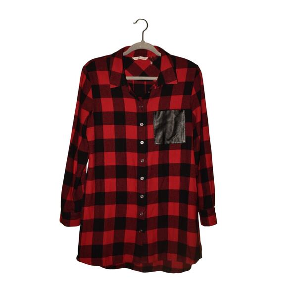 SOFT SURROUNDINGS $99‎ Red Black Plaid Button Down Tunic Faux Leather Pocket S - Picture 1 of 4